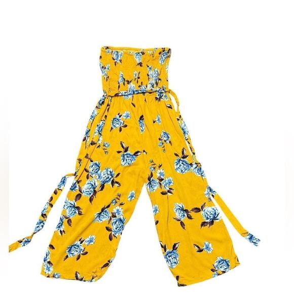 Active USA Jumpsuit Strapless Cropped Wide Leg Floral Print Blue Yellow Medium - Picture 2 of 6